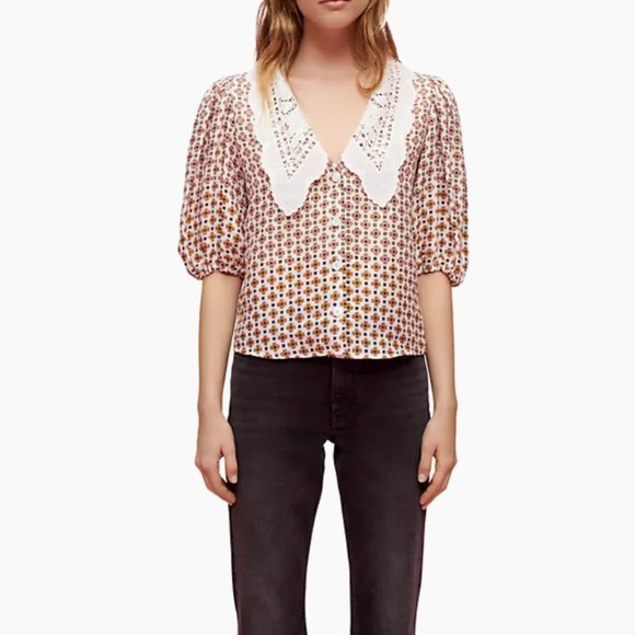 Maje Cosange Guipure Lace-Trimmed Printed Linen Blouse - Picture 3 of 16